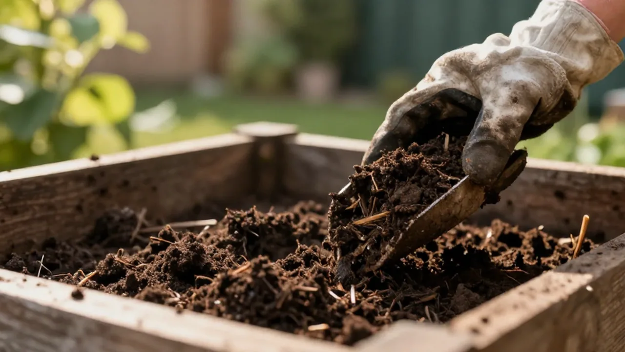 Unas manos con guantes de jardinería recogen compost orgánico oscuro de un contenedor de madera.