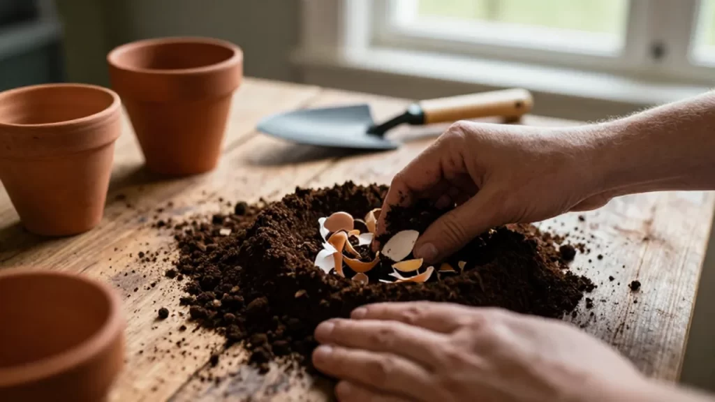 Manos mezclando restos de café y cáscaras de huevo en compost sobre una mesa de madera.