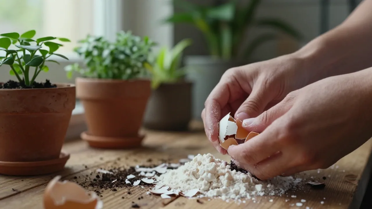 Manos triturando cáscaras de huevo secas sobre una mesa de madera junto a plantas en macetas.