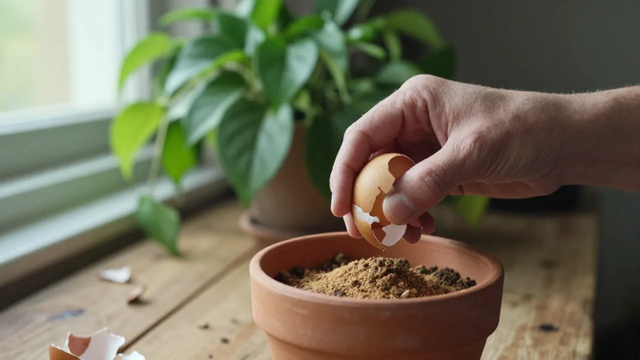 Manos triturando cáscaras de huevo secas para convertirlas en polvo sobre una maceta con plantas.