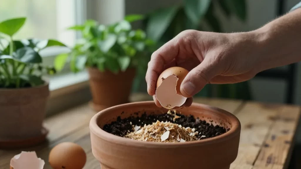 Manos triturando cáscaras de huevo secas para preparar fertilizante sobre una maceta de terracota.