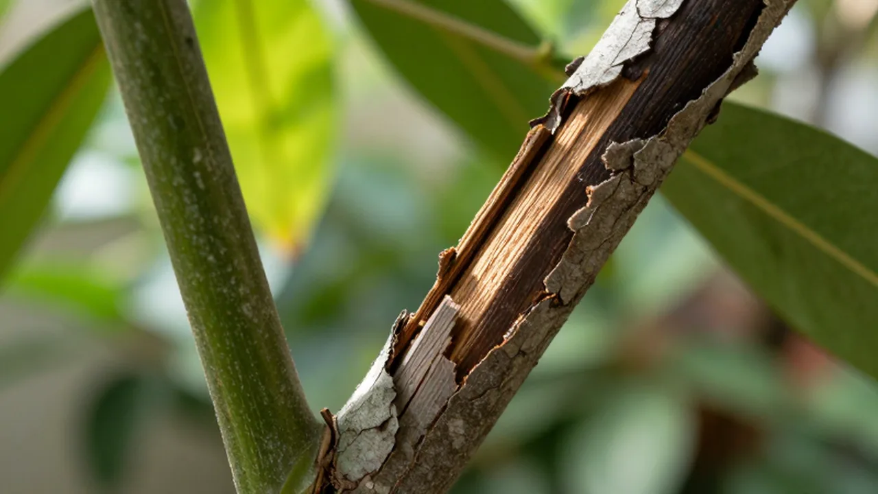 Primer plano de un tallo de planta con corteza verde sana y madera oscura seca y agrietada.