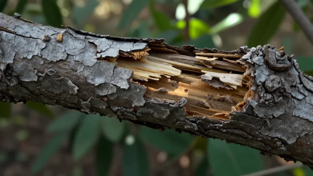 Rama de árbol en descomposición con corteza gris y pequeñas zonas de moho entre el follaje.