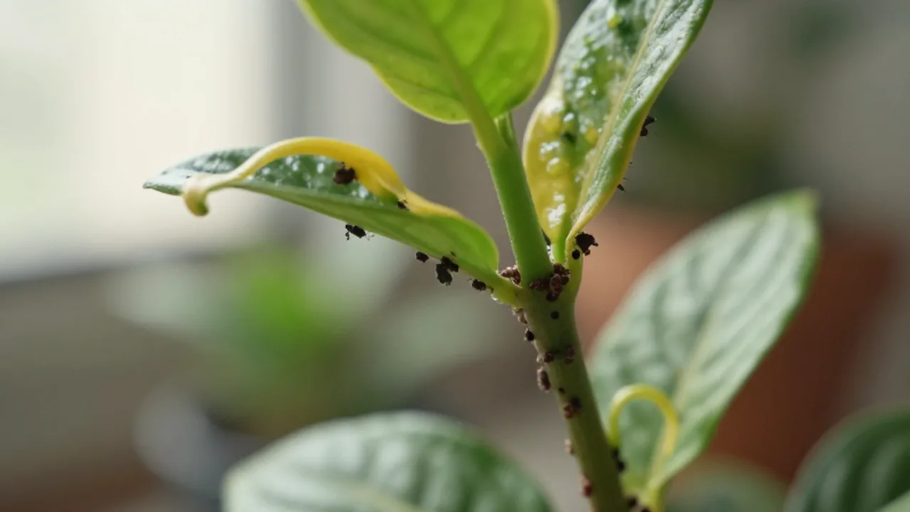 Pulgones en plantas: pequeños grupos de áfidos sobre el tallo y las hojas.