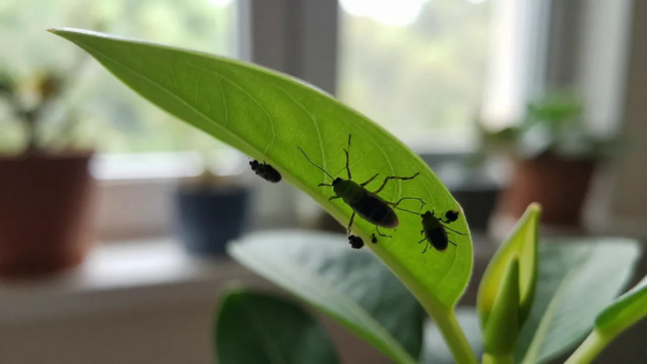 Pulgones en plantas de interior: pequeños áfidos verdes y negros sobre una hoja.