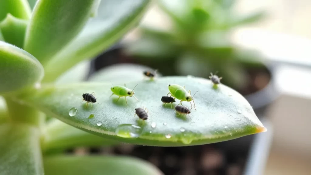 Pequeños pulgones verdes y negros agrupados bajo la hoja de una planta suculenta.