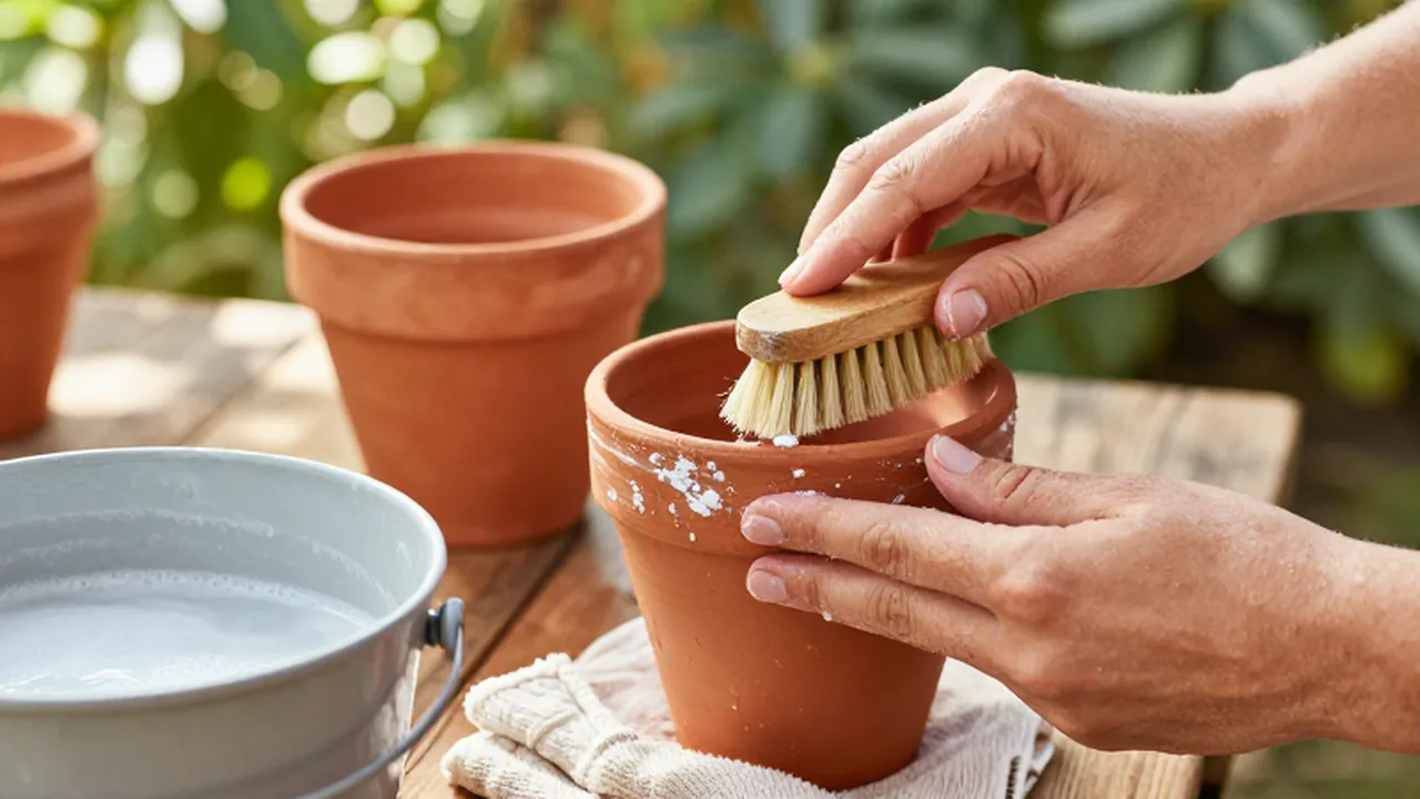Manos limpiando depósitos de cal en macetas de terracota sobre una mesa de madera.