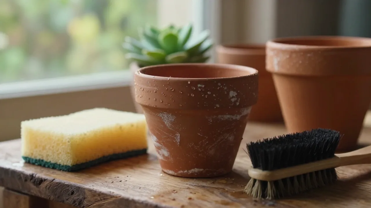 Macetas de terracota siendo limpiadas con una esponja y un cepillo sobre un banco de madera.