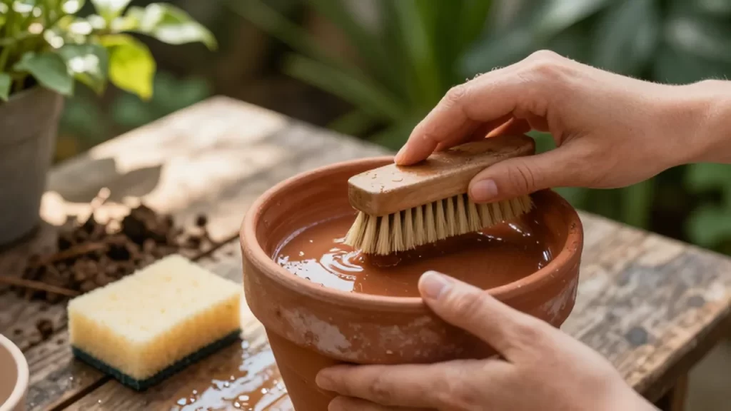 Manos limpiando una maceta de terracota con un cepillo y gotas de agua.