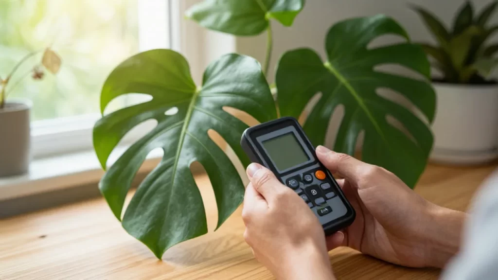 Manos sosteniendo un medidor de luz digital junto a las hojas de una planta Monstera.