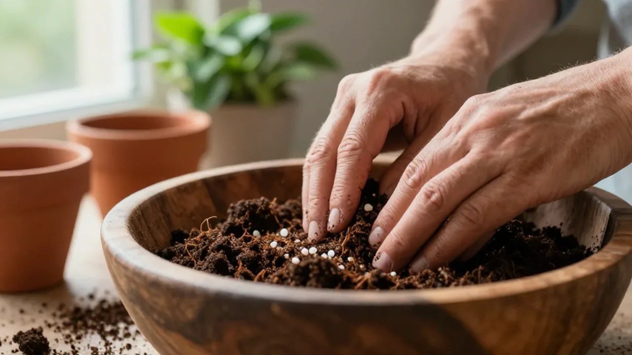 Manos de jardinero mezclando compost, perlita y coco en un cuenco de madera.