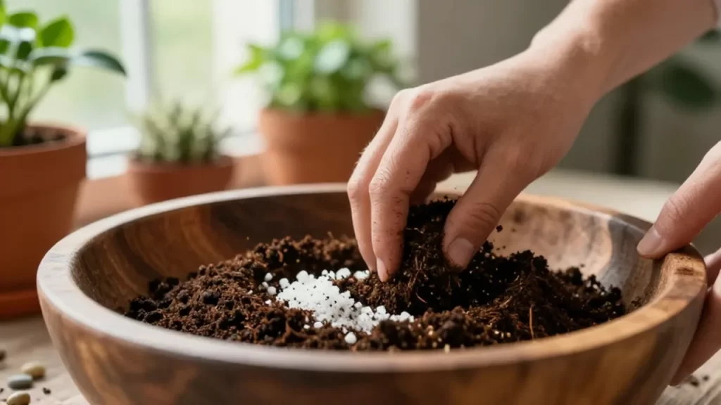 Manos mezclando compost orgánico con perlita y coco en un cuenco de madera.