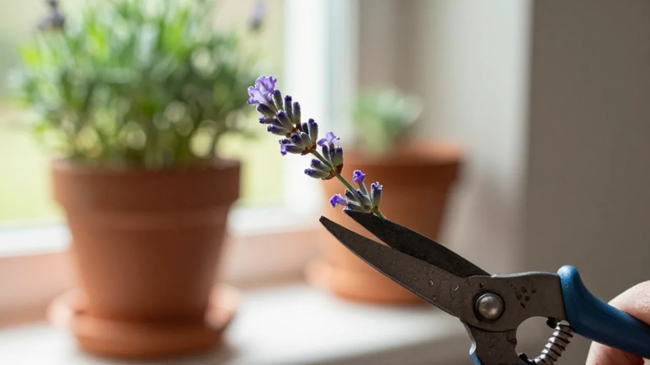 Unas tijeras de jardinería podan una rama de lavanda floreciente en un solárium iluminado.