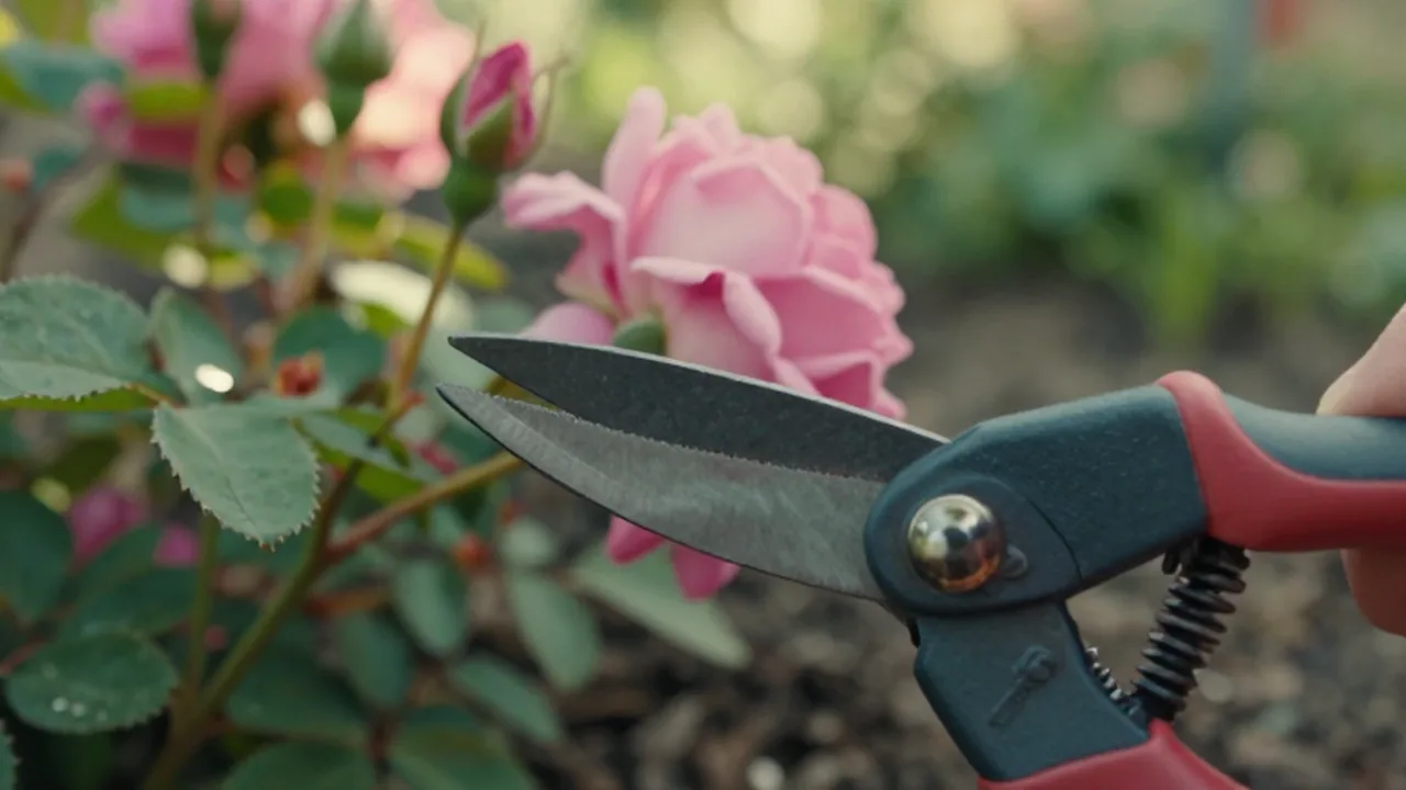 Unas tijeras de jardinería podan con precisión el tallo de un rosal con flores rosadas.