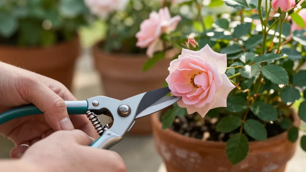 Manos podando con tijeras de plata un rosal de flores rosas en un jardín soleado.