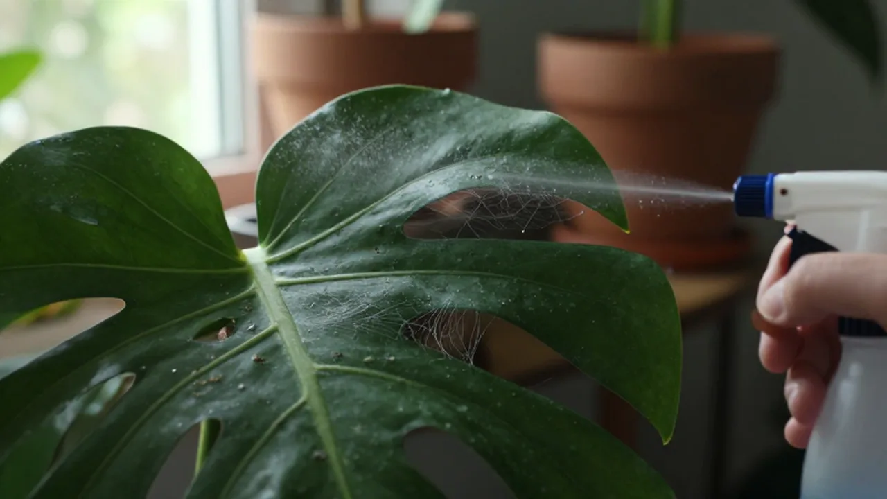 Una mano rocía agua con un pulverizador sobre una hoja de Monstera con presencia de ácaros y telarañas.