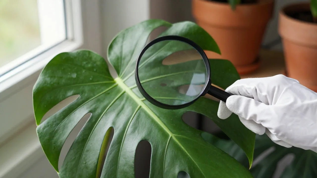 Manos con guantes blancos inspeccionan una hoja de Monstera con una lupa bajo la luz del sol.