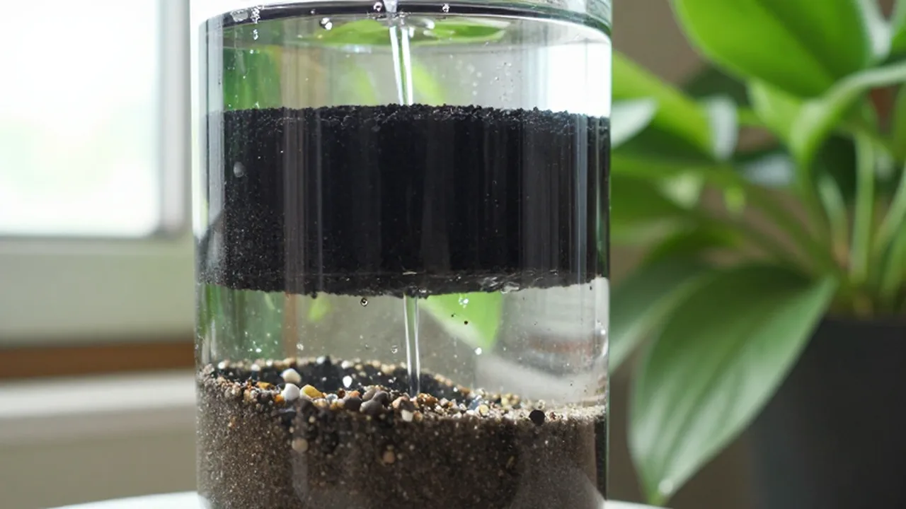 Filtro de agua casero en capas de carbón, arena y piedras bajo la luz del sol.