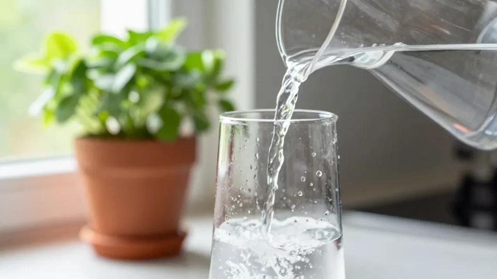 Agua cristalina llenando una jarra de vidrio en una cocina luminosa con plantas de fondo.