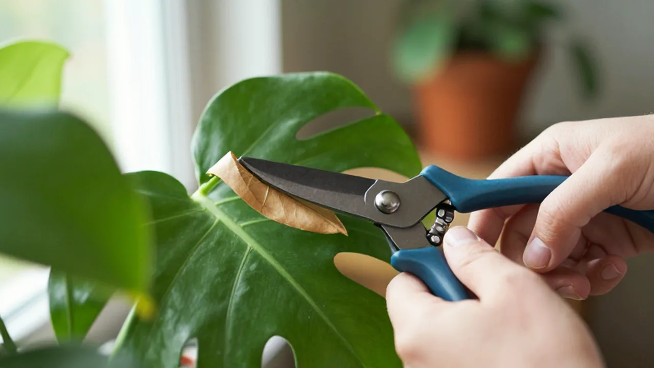 Manos de un jardinero podando una hoja seca de una planta Monstera con tijeras profesionales.