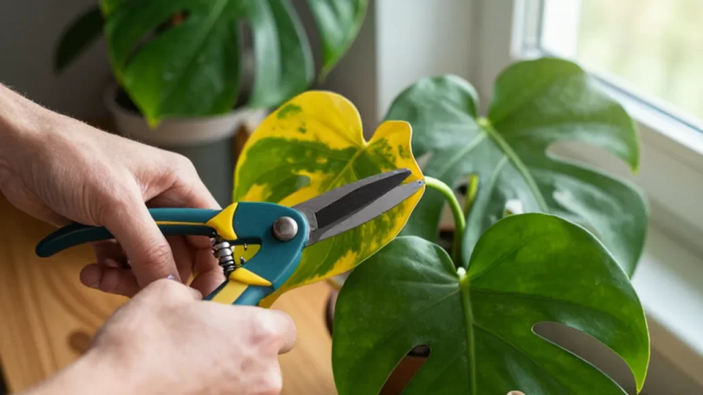 Manos utilizando tijeras de podar para retirar hojas amarillas de una planta Monstera.