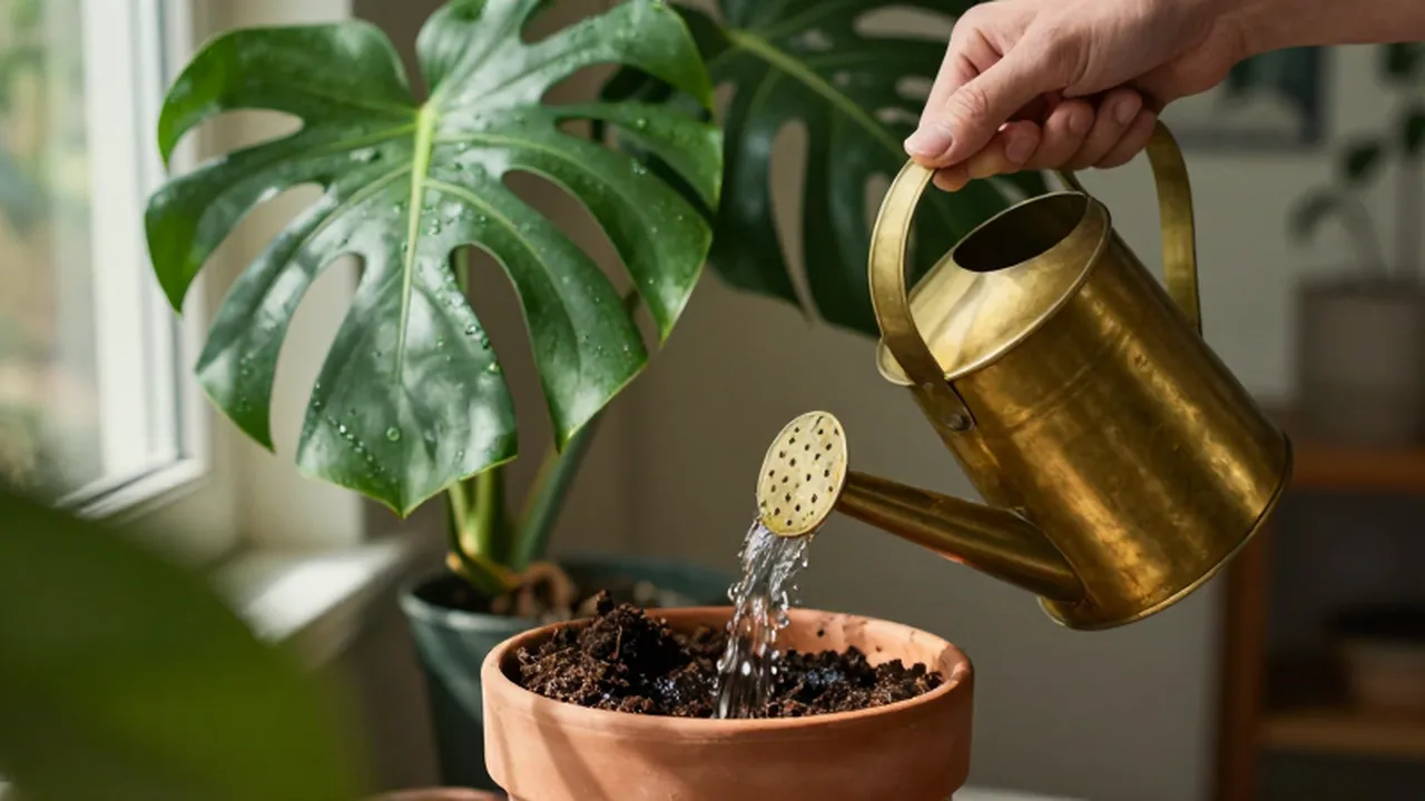 Una mano riega con una regadera de latón una planta Monstera en una maceta de terracota.