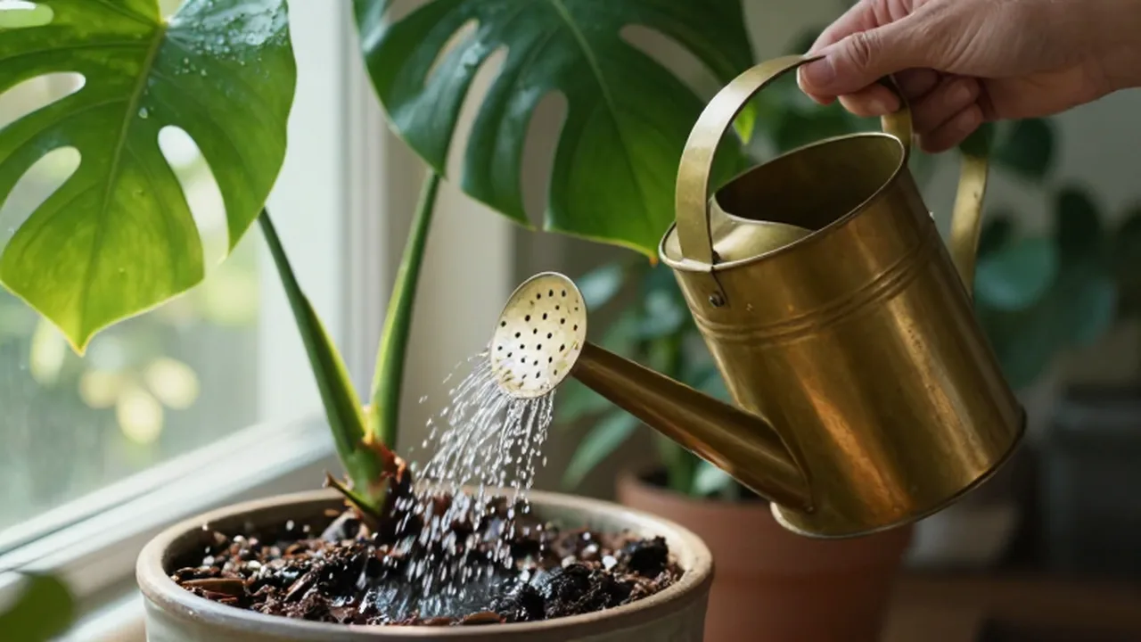 Una mano riega una planta Monstera Deliciosa con una regadera de latón bajo la luz del sol.