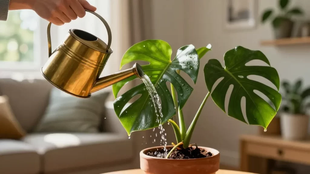 Manos regando una planta Monstera en una maceta de terracota bajo la luz del sol.