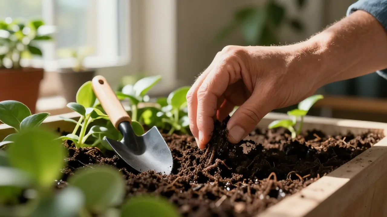 Manos de un jardinero esparciendo humus orgánico sobre la tierra de una planta de interior.