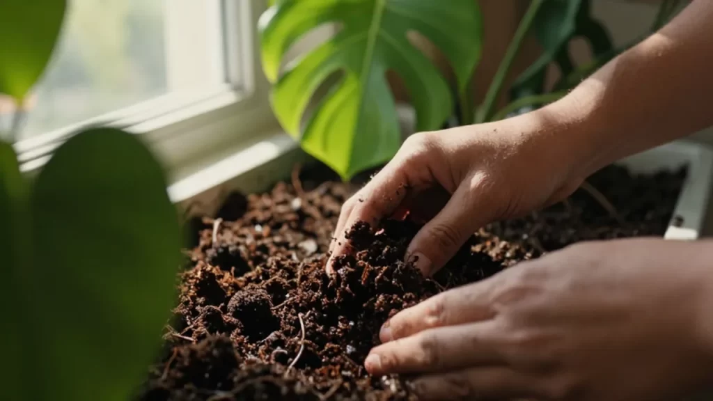 Manos esparciendo humus oscuro sobre la tierra de una planta Monstera deliciosa.