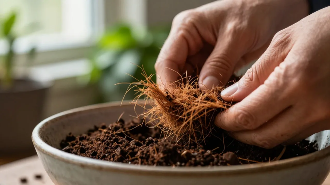 Manos mezclando fibras de coco con compost en un cuenco de cerámica bajo la luz natural.