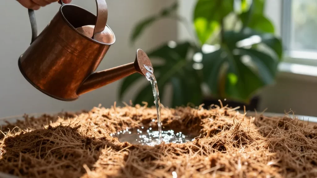 Manos vertiendo agua de una regadera de cobre sobre fibra de coco para plantas.