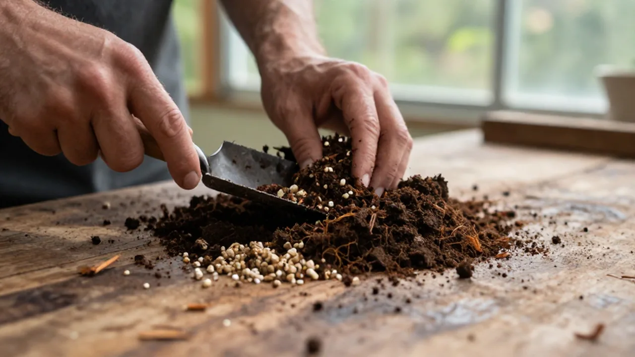 Manos de un jardinero mezclando tierra rica con perlita y compost sobre una mesa de madera.