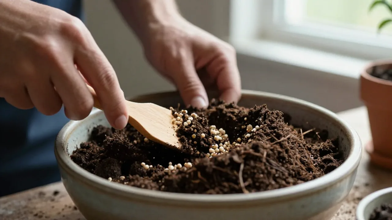 Manos de jardinero mezclando sustrato de turba, perlita y compost en un cuenco de cerámica.