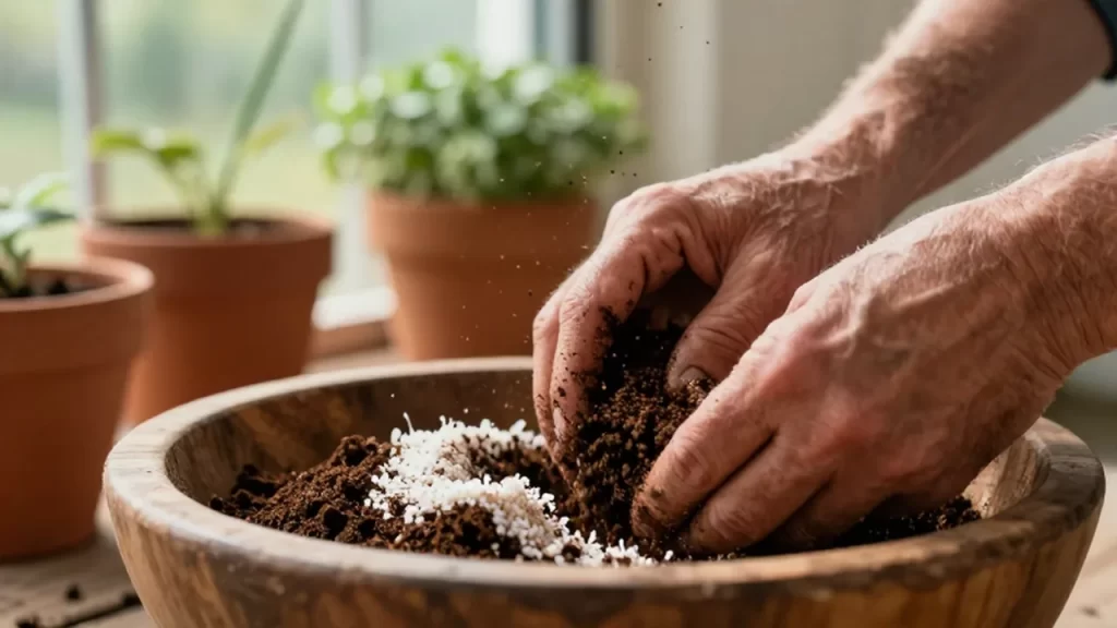 Manos mezclando compost