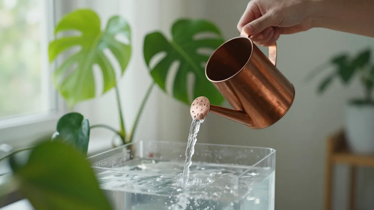 Manos vertiendo agua de una regadera de cobre en un sistema de hidroponía con plantas verdes.