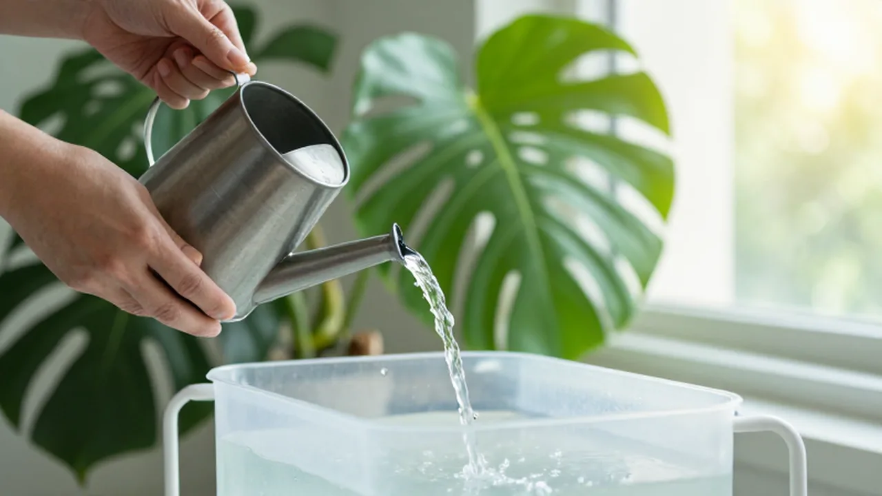 Manos vertiendo agua de una regadera metálica en un sistema de hidroponía con plantas verdes.