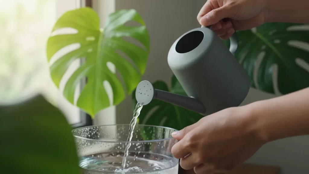 Manos vertiendo agua con una regadera moderna en el depósito de una maceta autorregable.