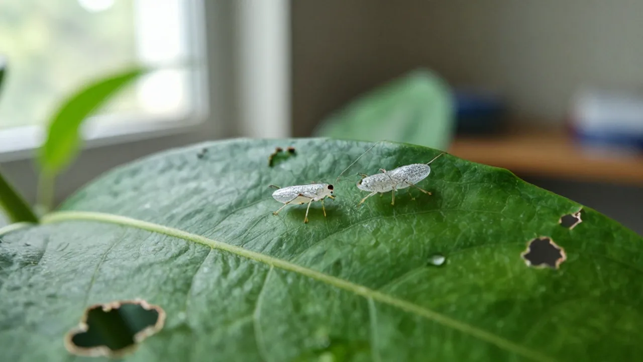 Pequeños insectos traslúcidos trepan por el envés de una hoja verde con manchas plateadas.