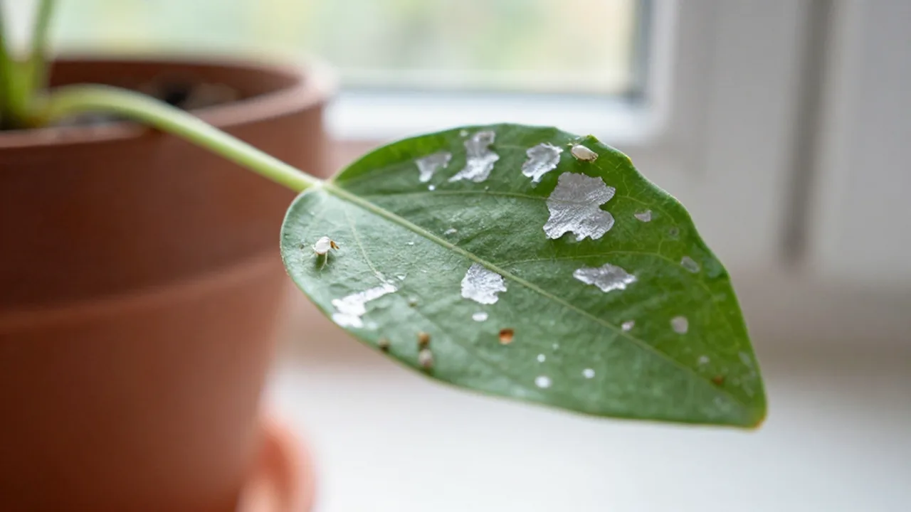 Pequeños insectos trips sobre una hoja verde con manchas plateadas de daño en un jardín interior.