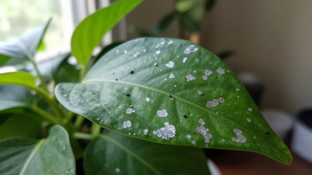 Pequeños insectos negros y manchas plateadas dañan la superficie de una hoja verde.