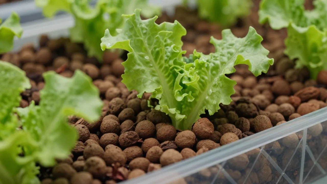 Hojas verdes de lechuga crecen en una maceta con bolas de arcilla expandida en un sistema hidropónico.