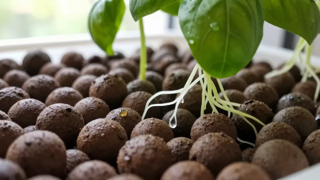 Raíces de una planta de albahaca creciendo entre piedras de arcilla en un sistema hidropónico.