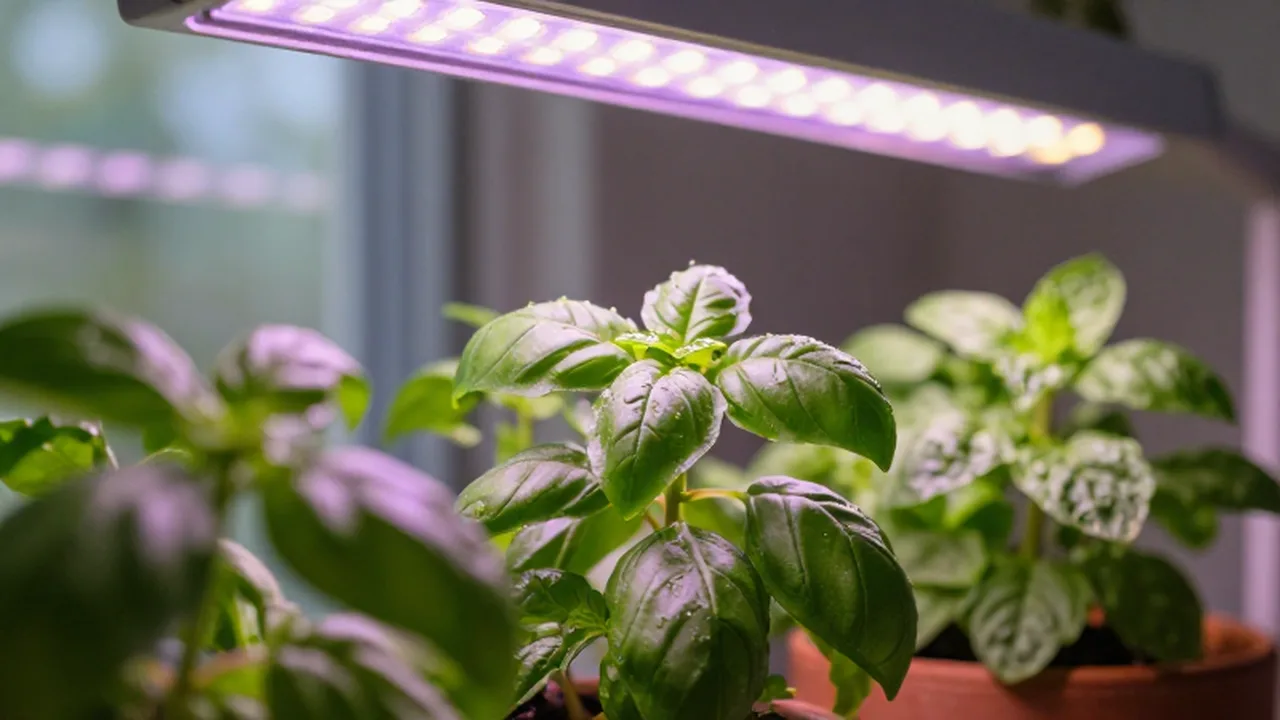 Plantas de albahaca y menta frescas con gotas de rocío bajo luces de cultivo LED.