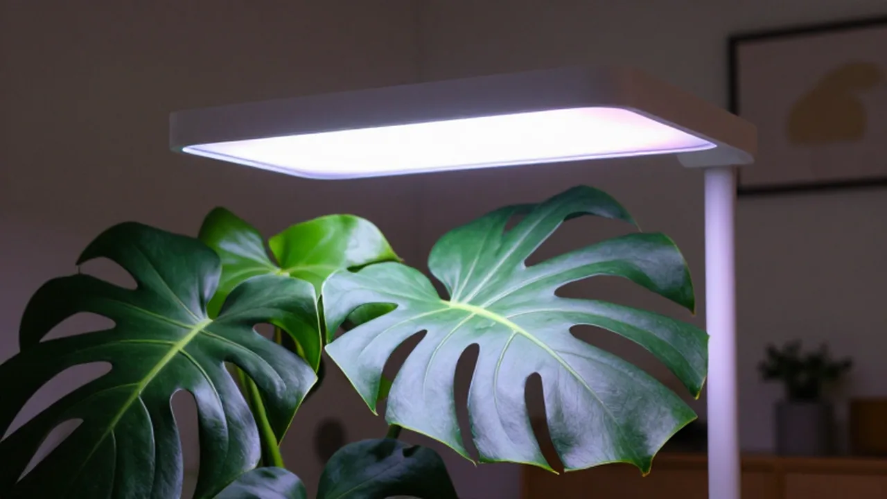 Planta Monstera deliciosa iluminada por una lámpara LED de espectro rosado en un salón moderno.