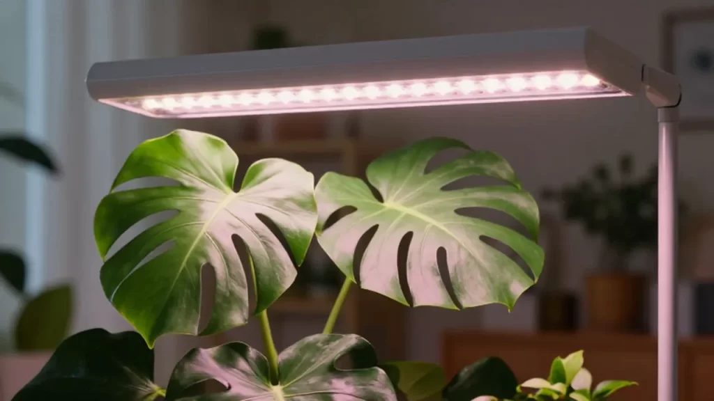 Hojas verdes de una planta Monstera iluminadas por una barra de luz LED en un salón.