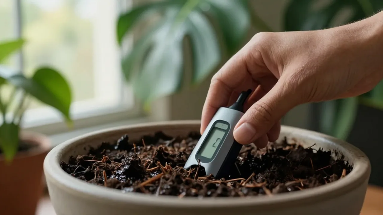 Una mano introduce un sensor de humedad digital en la tierra de una planta Monstera.
