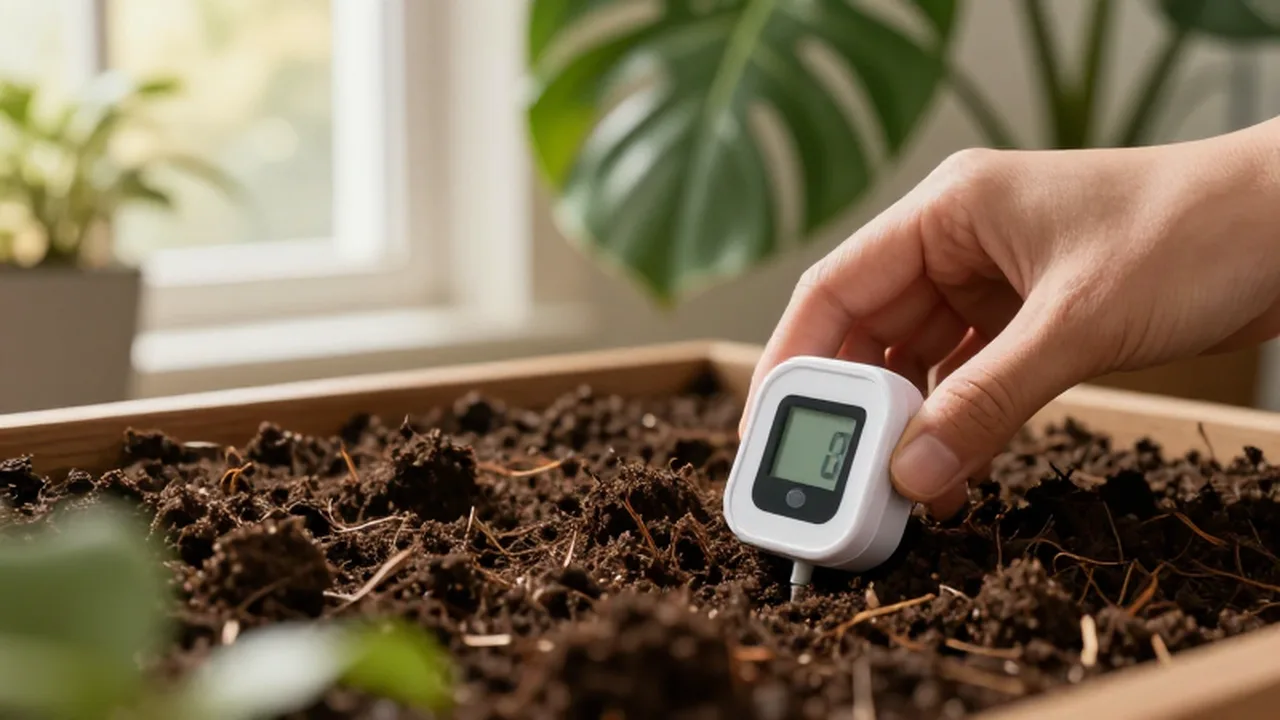 Una mano inserta un sensor digital de humedad en la tierra de una planta Monstera.