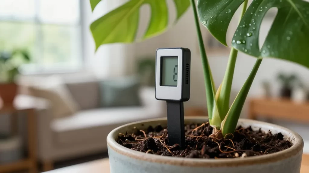 Sensor digital de humedad insertado en la tierra de una planta Monstera deliciosa.