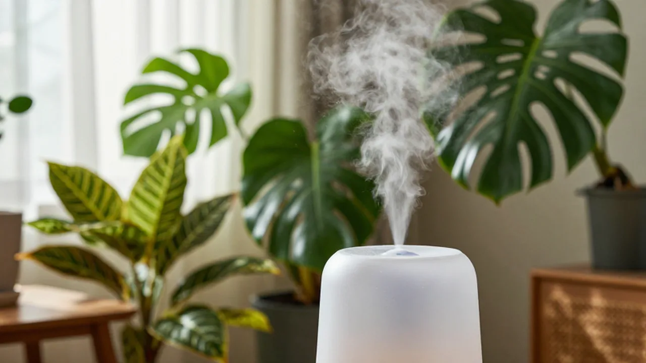Humidificador minimalista emitiendo vapor suave junto a plantas tropicales en un rincón luminoso.